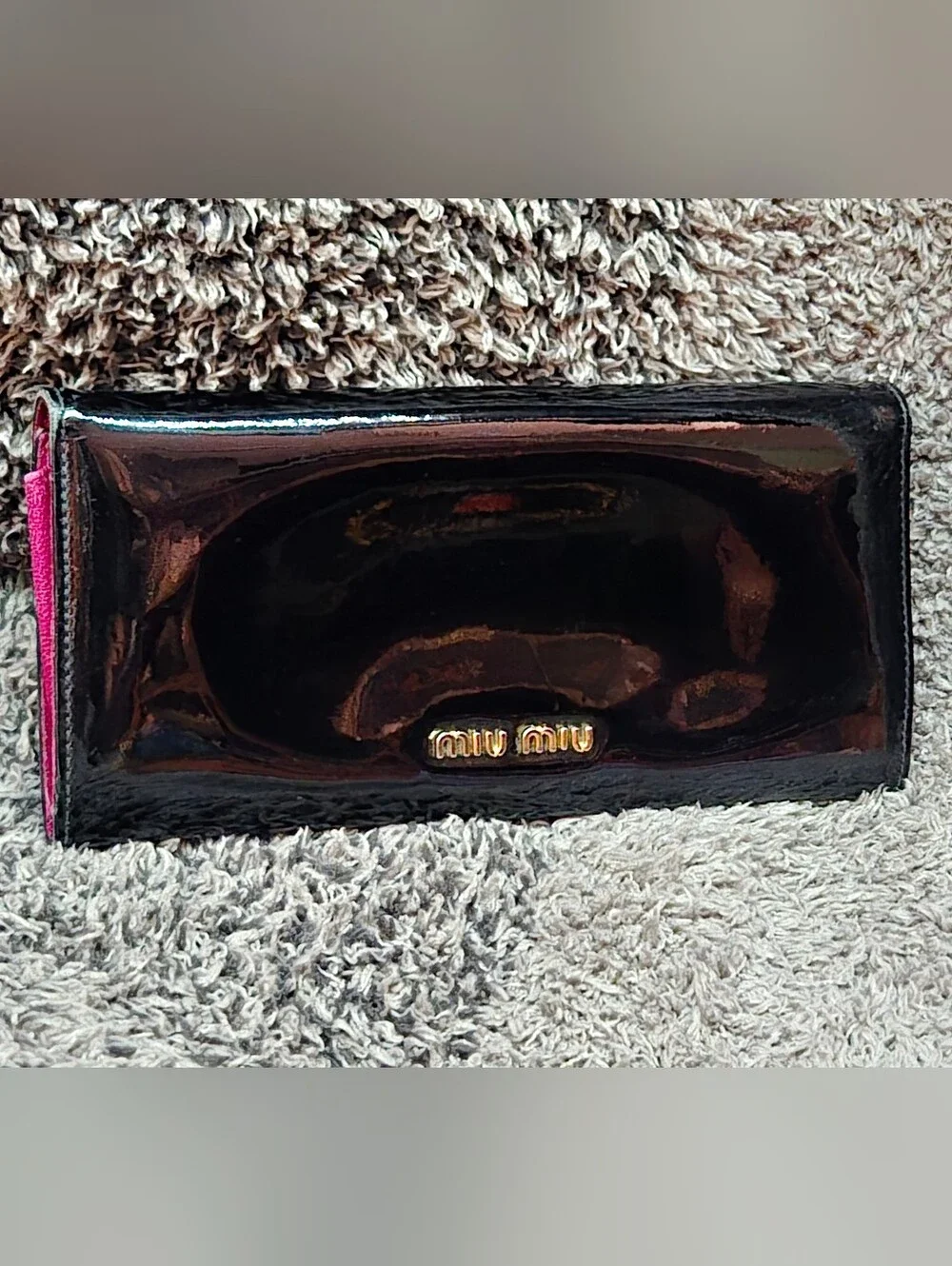 EUC Miu Miu Black Patent Leather Flap Long Wallet - Hot Pink Interior